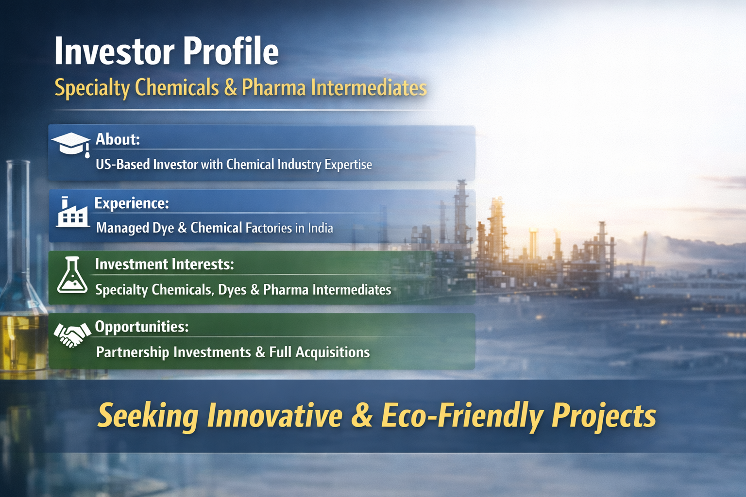 Looking to Invest in Specialty Chemicals, Dye & Pharma Intermediates